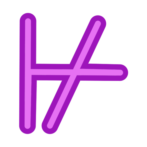 a glyph for the letter Y in two toned magenta. It is a sideways T shape with a diagonal line crossing through it